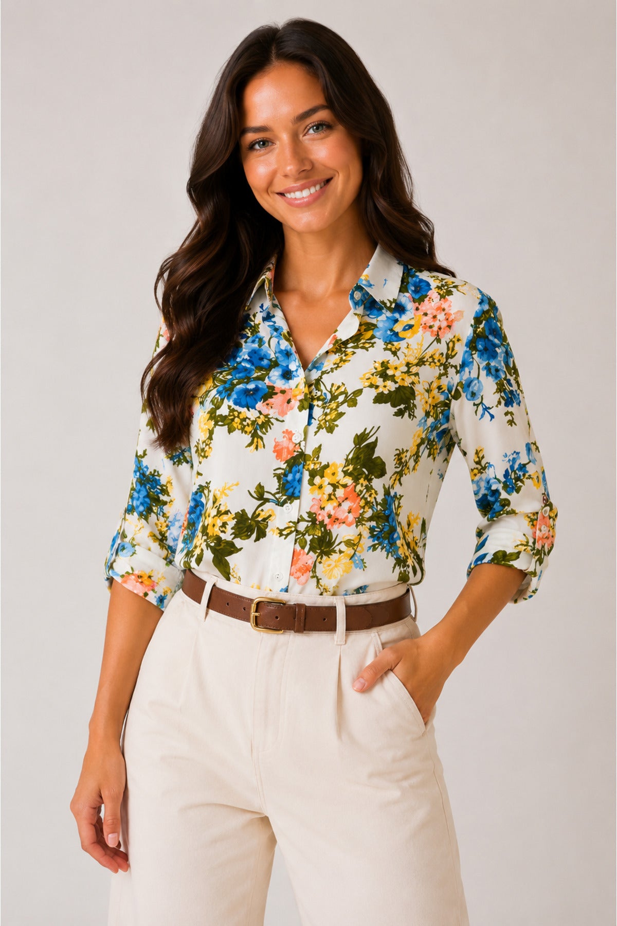 Amelia Women's Viscose Long Sleeve Button-Up Shirt - Ecru Bright Multicolor Floral