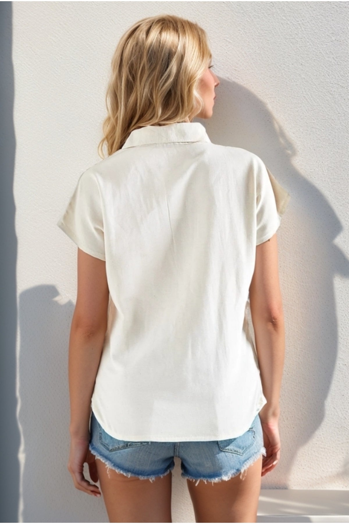 Esme Women's Viscose Short Sleeve Batwing Shirt - Ecru Viscose