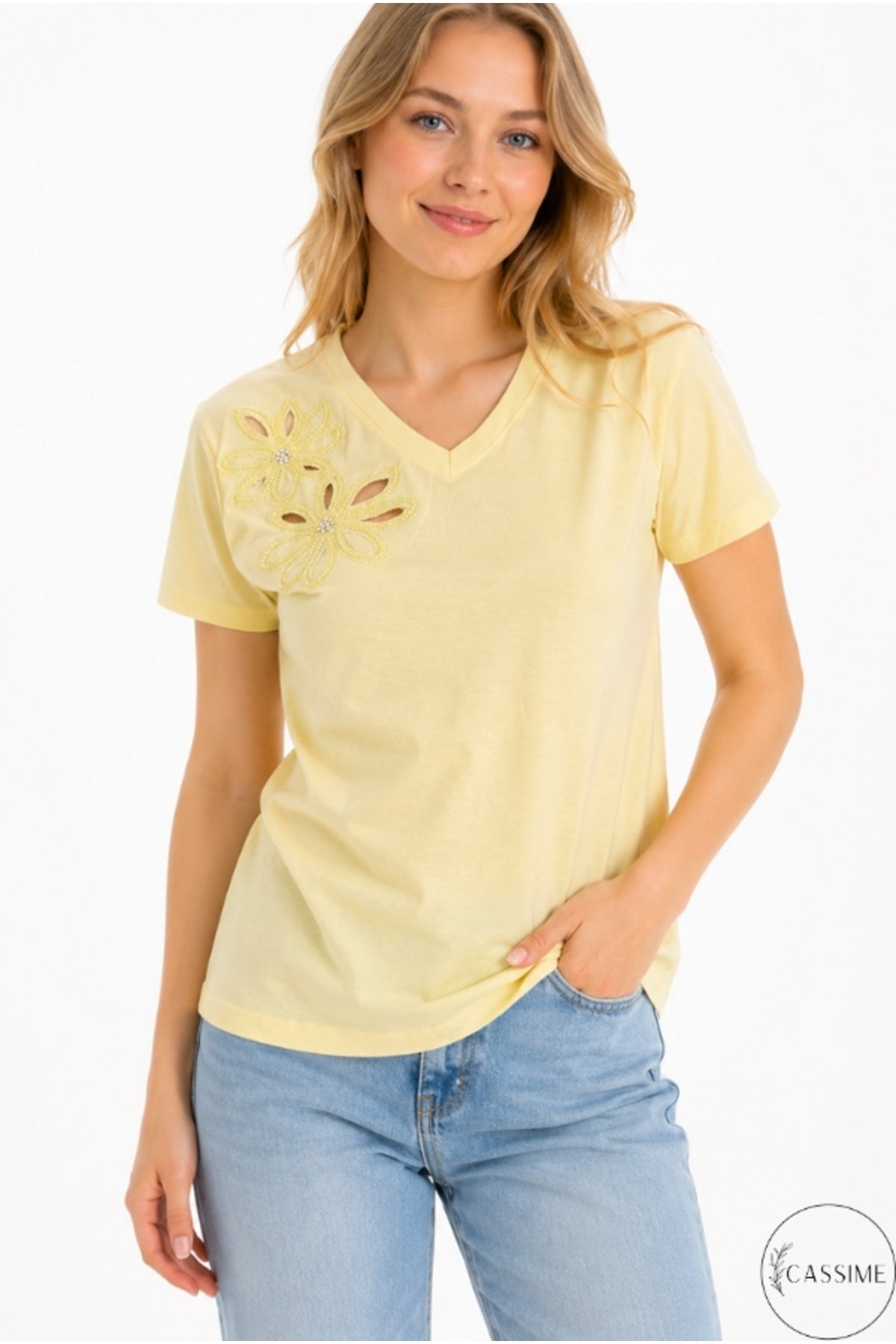 Emma Women's Cotton Embellished T-Shirt - Yellow Floral Embroidery Print
