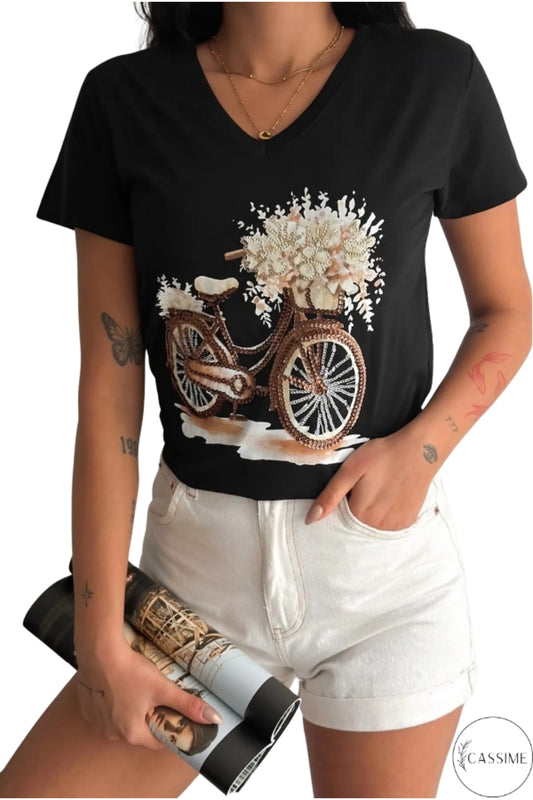 Sophie Women's Cotton Embellished V-Neck T-Shirt - Black and Brown Bicycle Print