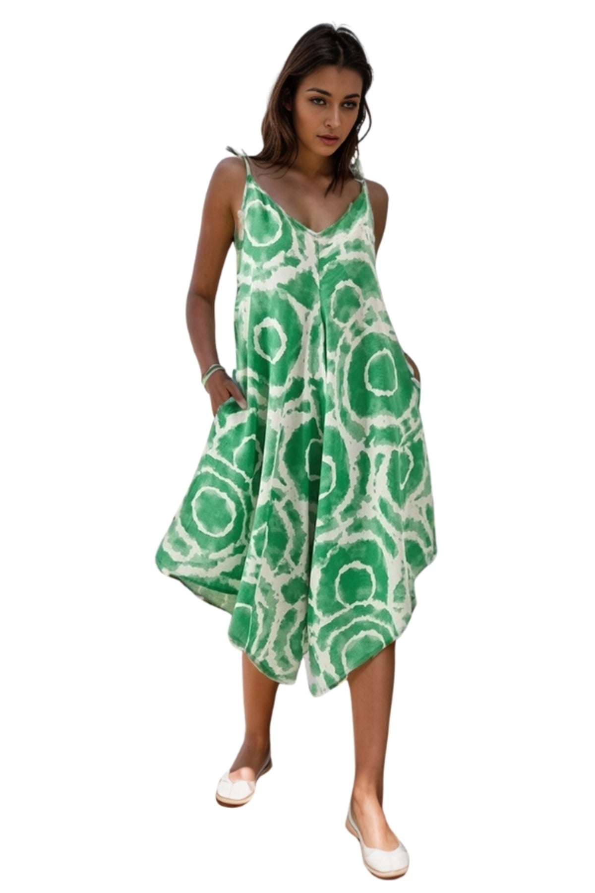 Eliza Women's Linen-Viscose Blend Relaxed Spaghetti Strap Jumpsuit - Green Geometric Print
