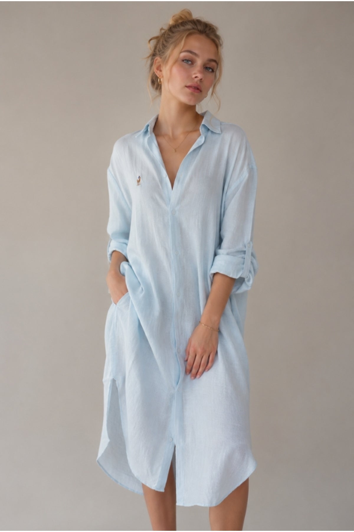 Hazel Women's Oversized Muslin Shirt Dress - Baby Blue Muslin