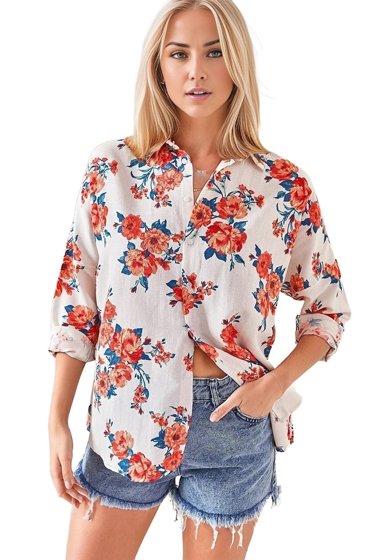 Emilia Women's Linen-Viscose Blend Oversized Printed Shirt - Bright Orange Floral