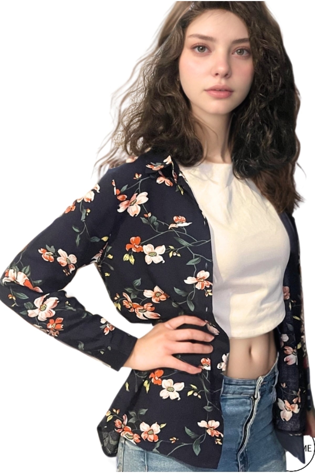 Amelia Women's Long Sleeve Button-Up Shirt - Navy Multicolor Floral
