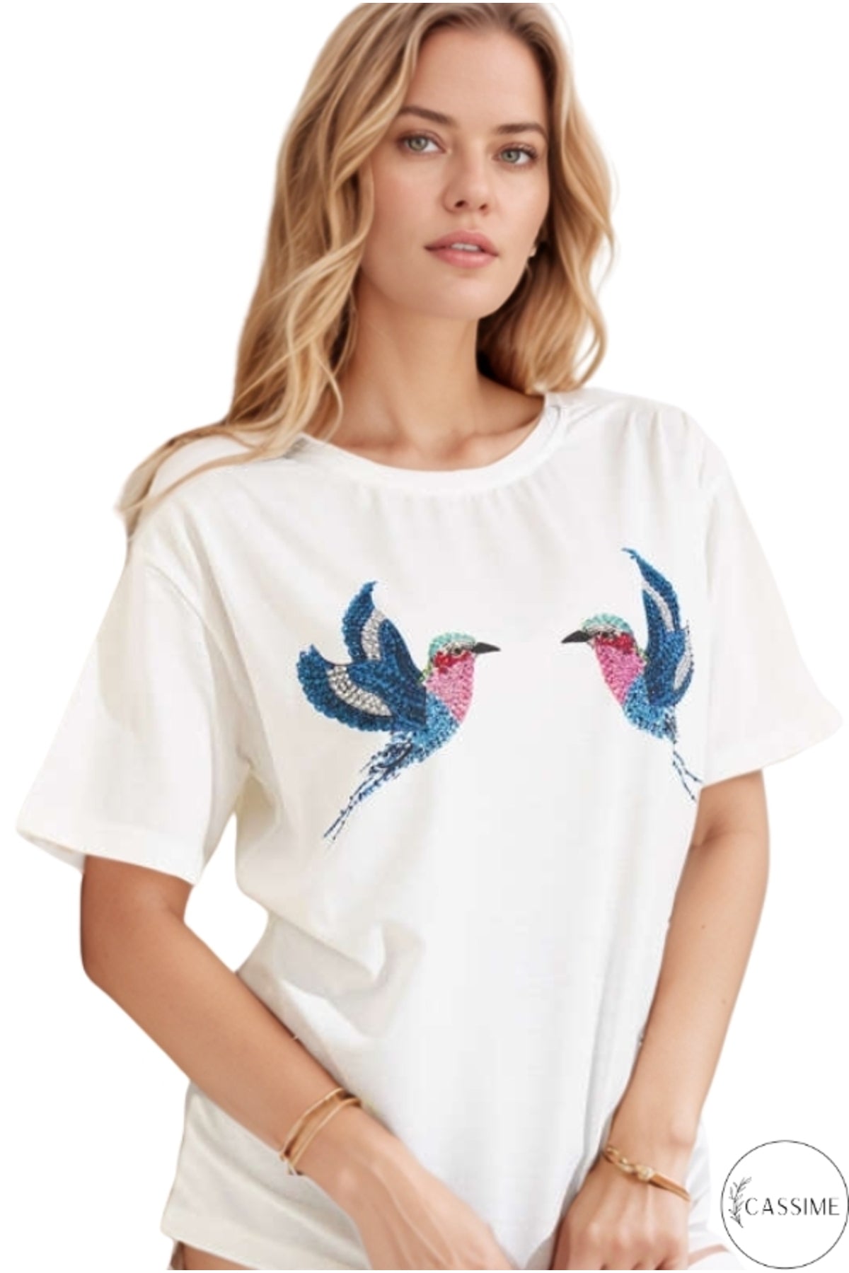 Cecilia Women's Cotton Bird Sequin T-Shirt - White Bird Print