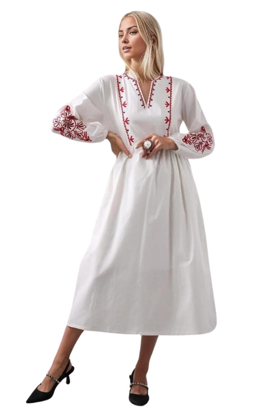 Maria Women's Linen Embroidered Boho Split-Neck Dress - White with Red Embroidery
