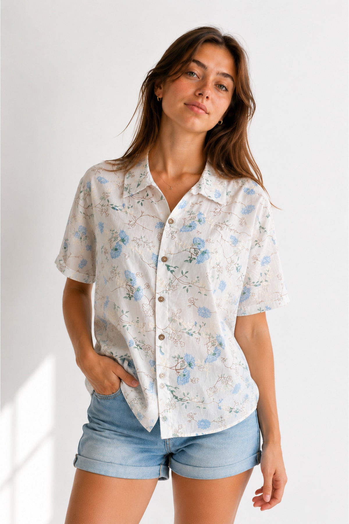 Women's blue lotus floral embroidered short sleeve shirt - view 3