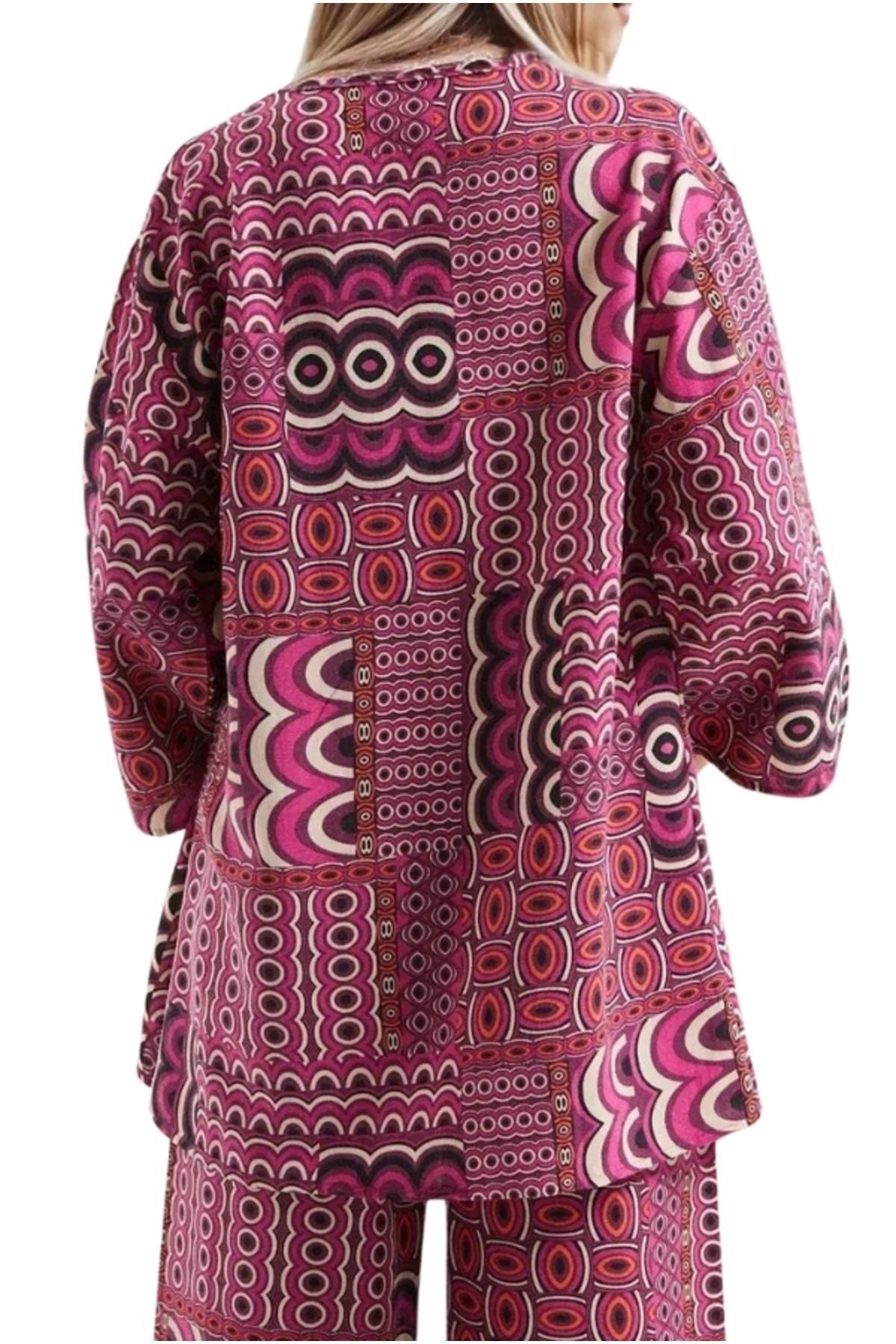 Catherine Women's Linen-Viscose Blend Relaxed Fit Kimono - Purple Geometric Print