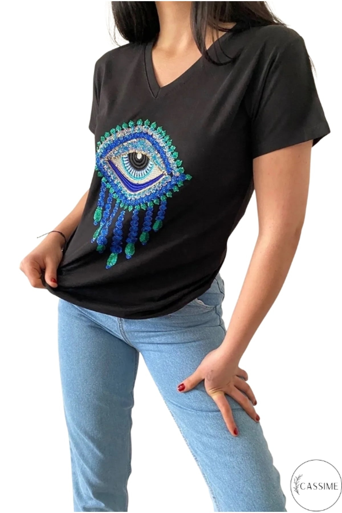 Olivia Women's Cotton Plus Size Embellished V-Neck T-Shirt - Black Evil Eye Pattern