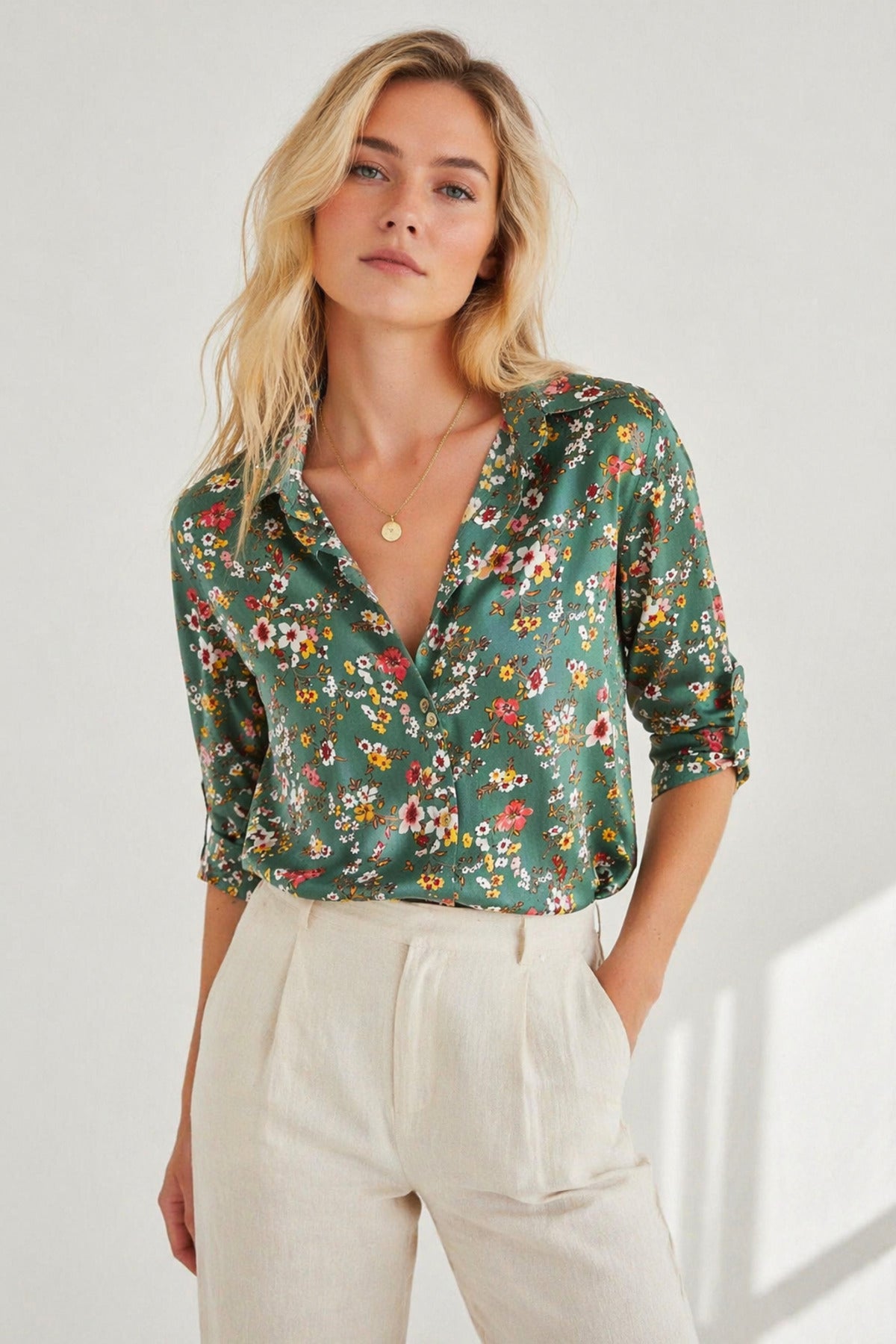 Amelia Women's Viscose Long Sleeve Button-Up Shirt - Khaki Mini Floral