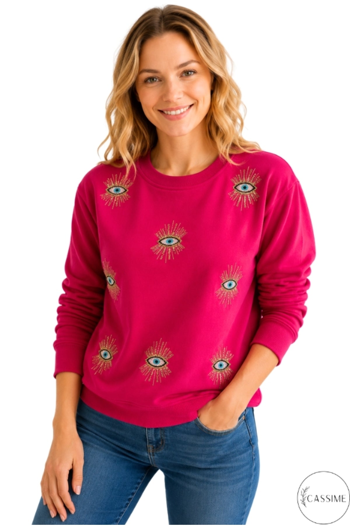 Ava Women's Embellished Evil Eye Sweatshirt - Fuchsia Evil Eye