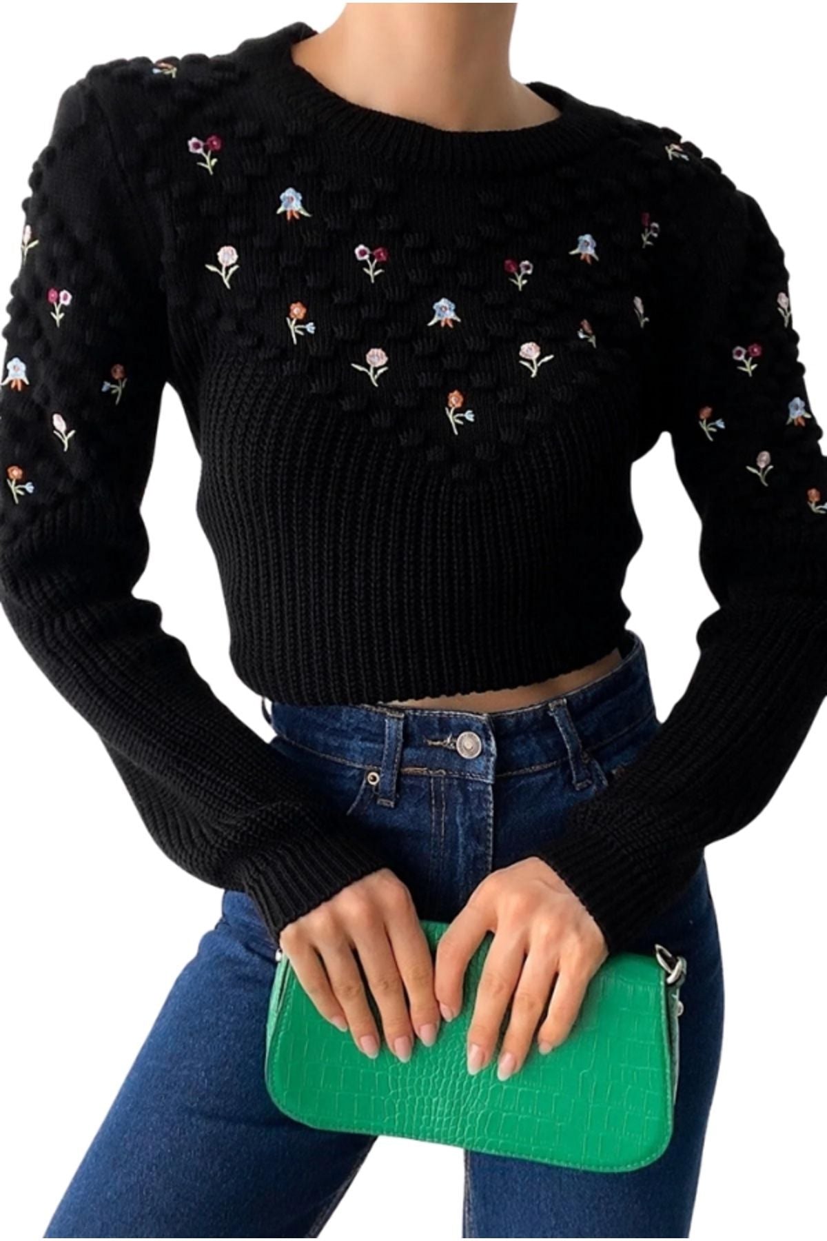 Allison Women's Floral Embroidered Knit Sweater - Black