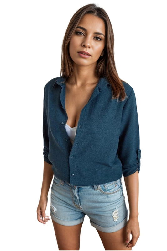 Gabrielle Women's Linen-Viscose Blend Pineapple Print Roll-Sleeve Shirt - Teal Green