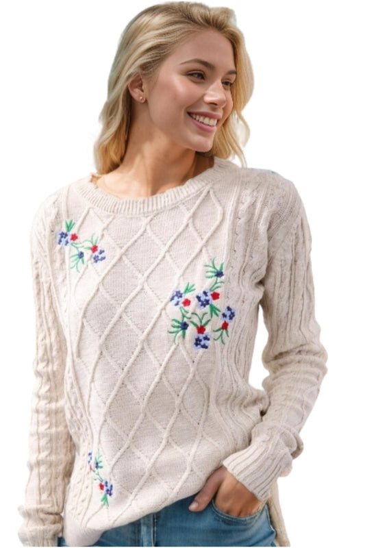 Martha Women's Floral Embroidered Long Sleeve Sweater - Beige Floral Embroidery