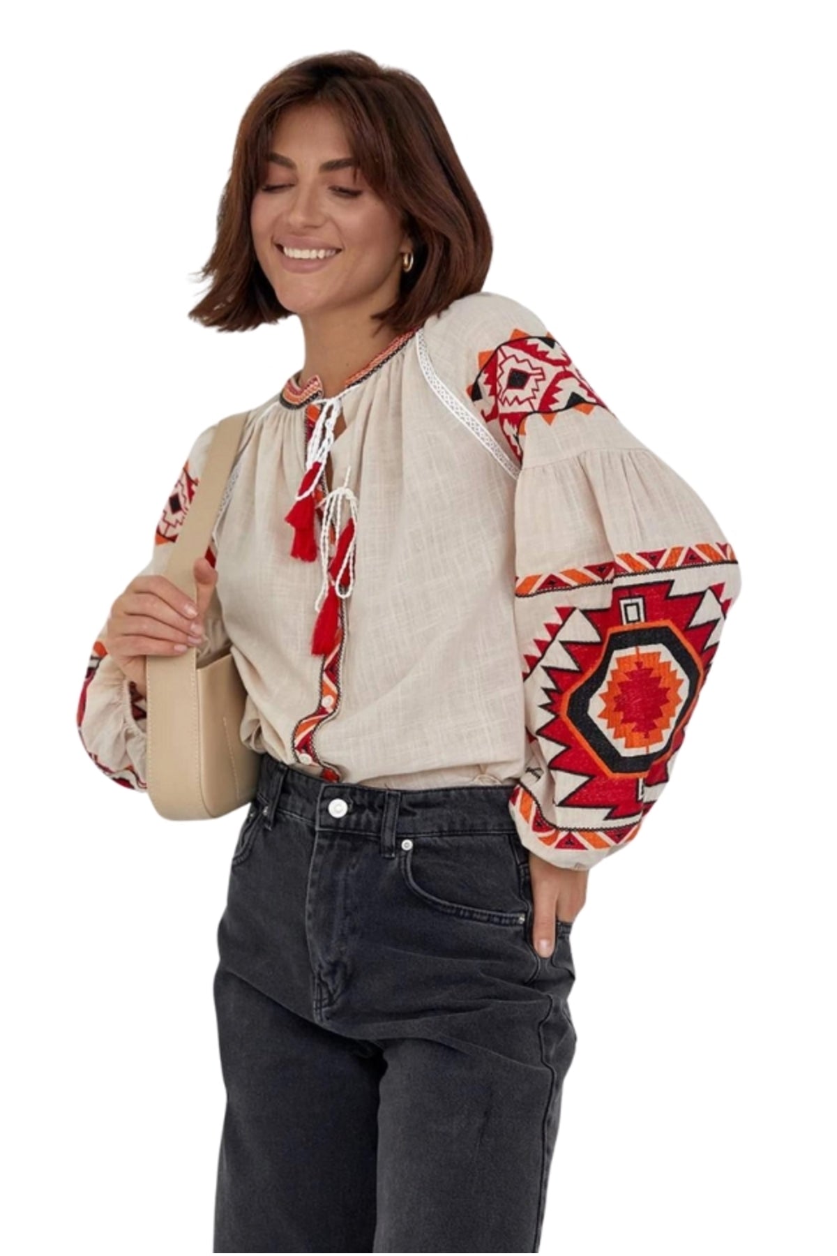 Penelope Women's Cotton Vintage Inspired Embroidered Blouse - Beige