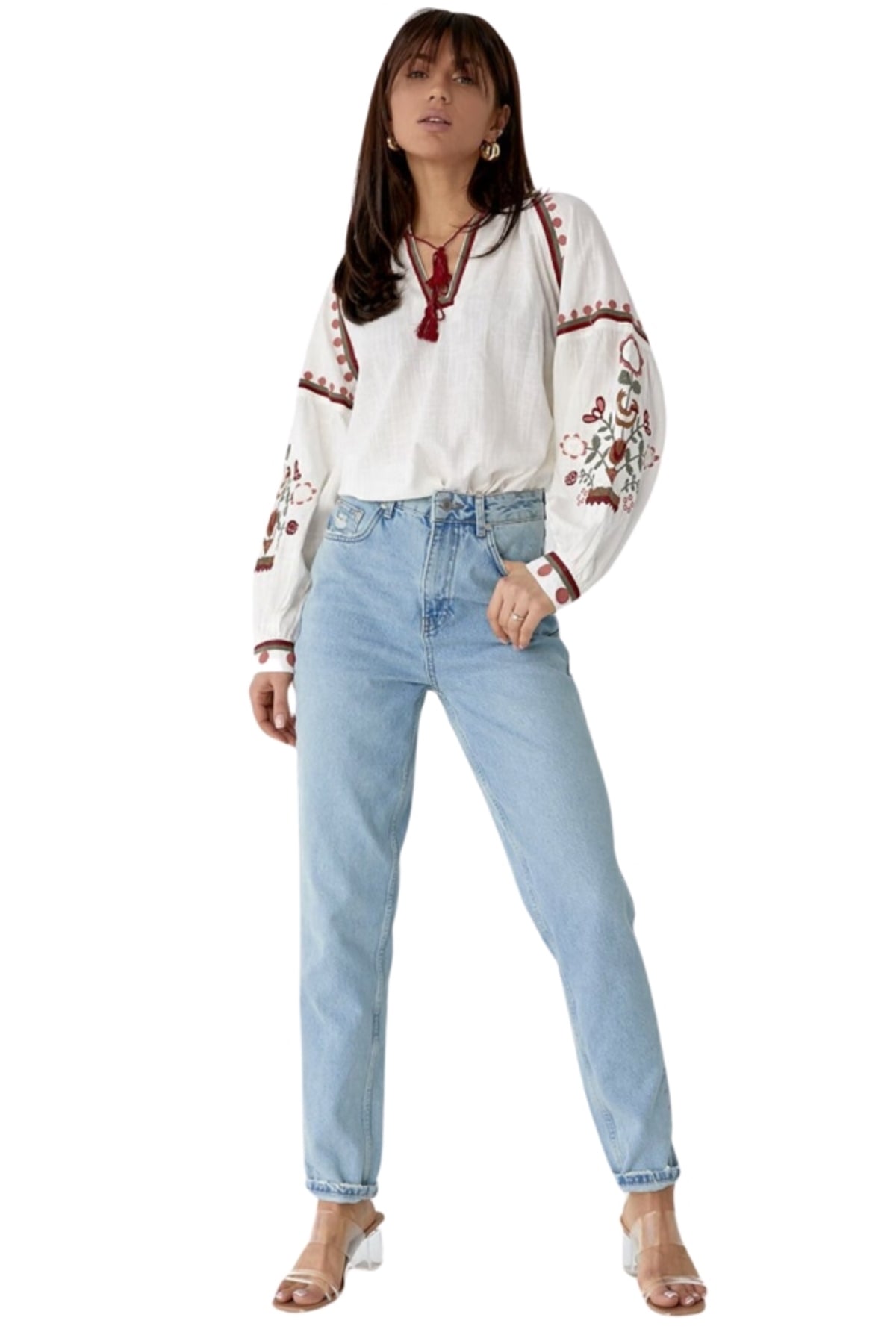 Sylvia Women's Cotton Floral Embroidered Blouse - Burgundy Floral