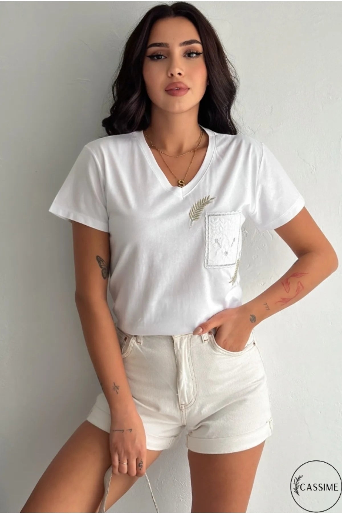 Olivia Women's Cotton Plus Size Embellished V-Neck T-Shirt - White with Pocket Embroidery