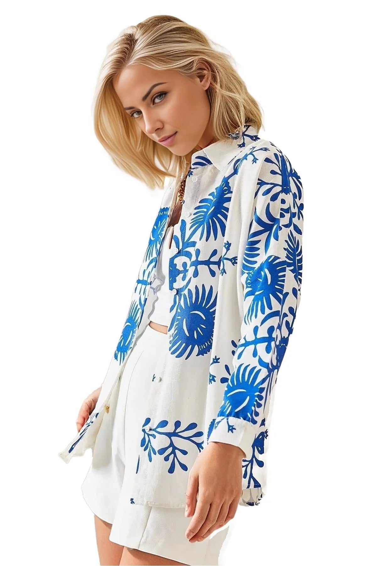 Emilia Women's Linen-Viscose Blend Oversized Printed Shirt - Blue Tulip