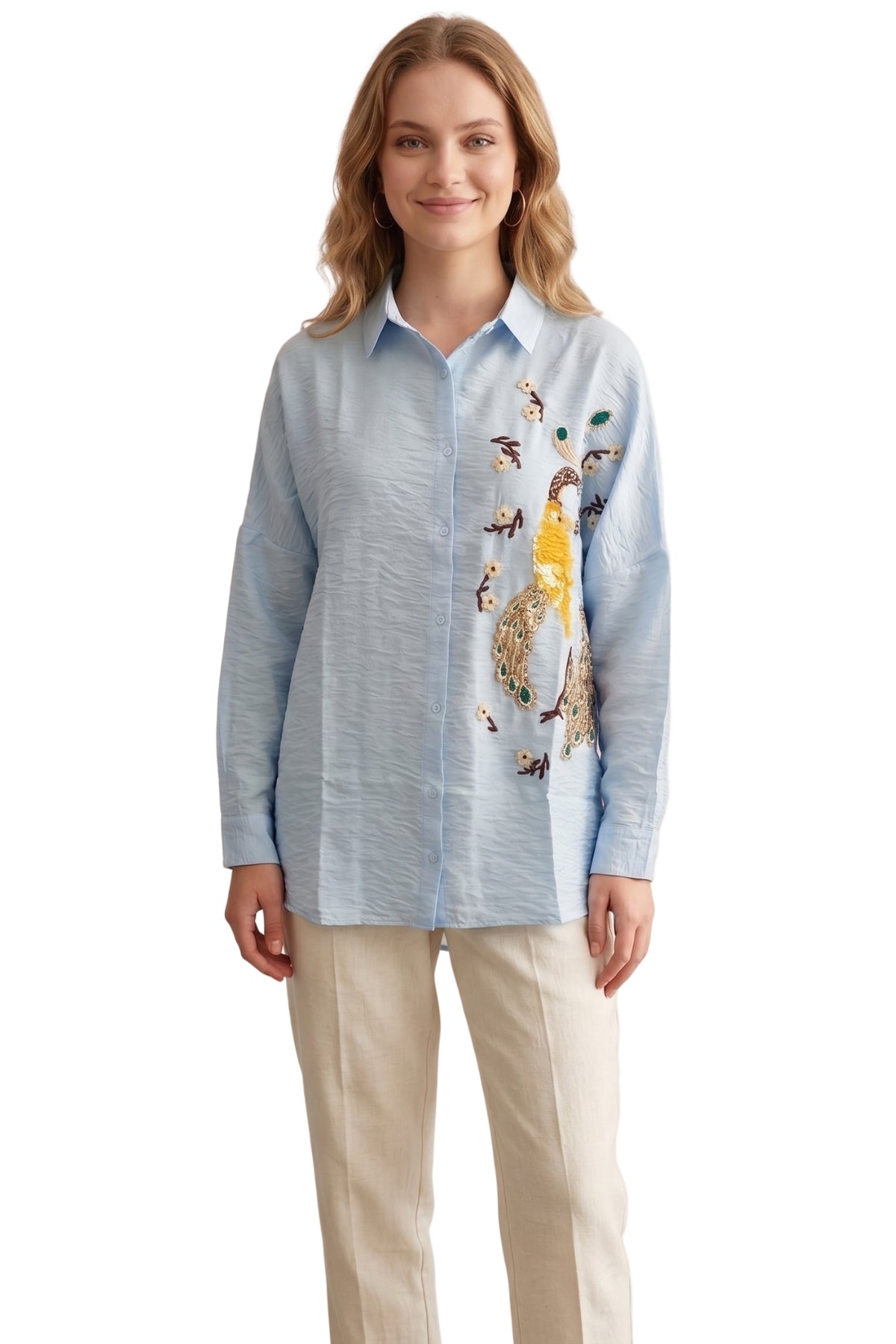 Emily Women's Peacock Sequin Oversized Shirt - Light Blue