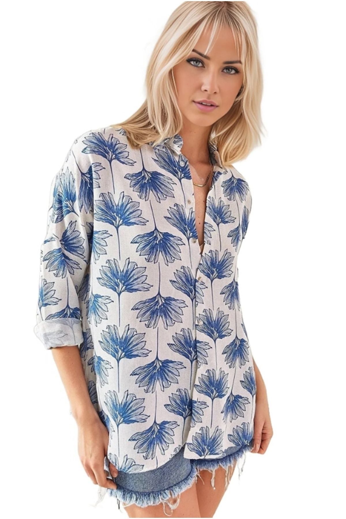 Emilia Women's Linen-Viscose Blend Oversized Printed Shirt - Blue Ginkgo
