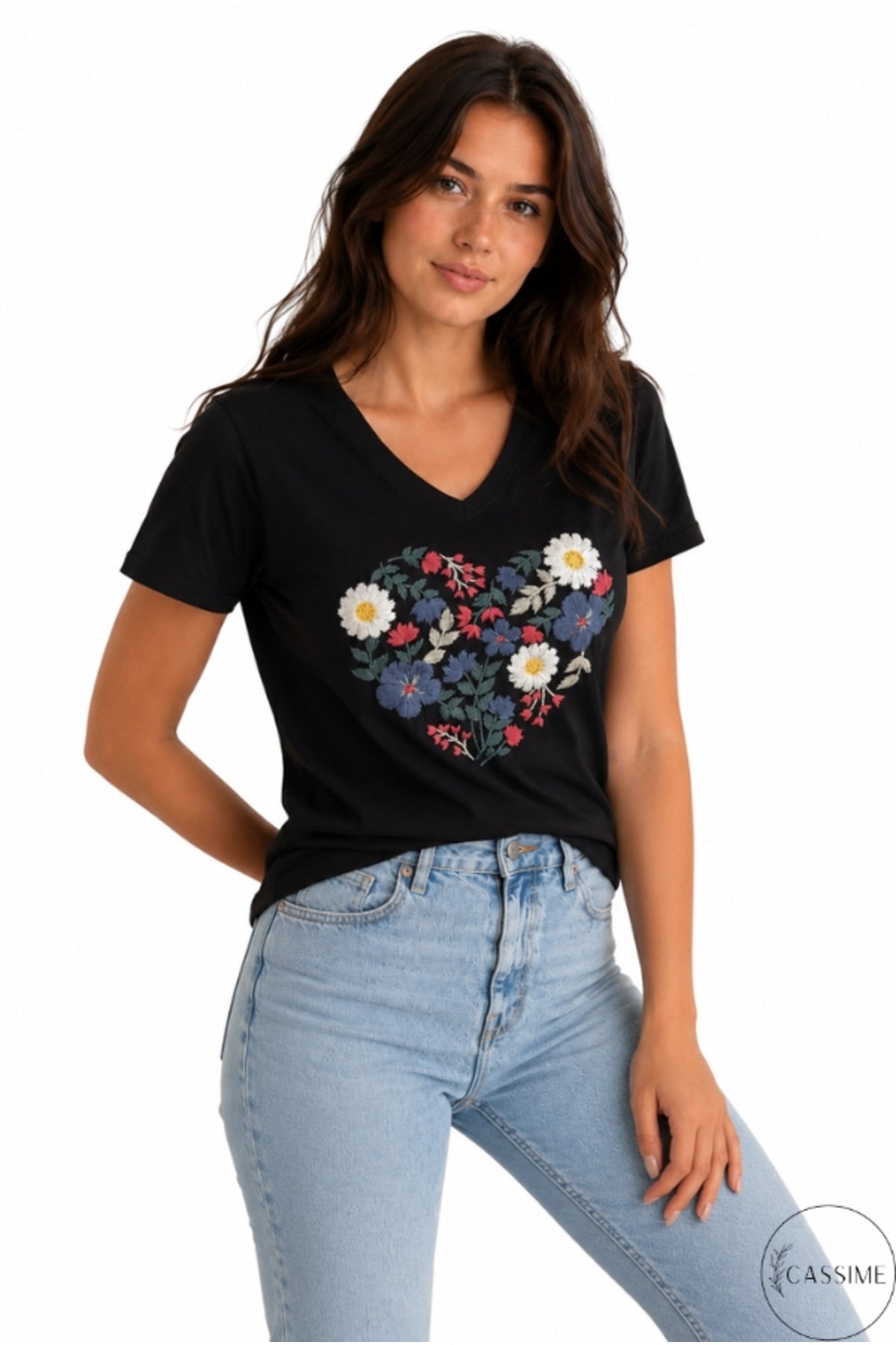 Olivia Women's Cotton Plus Size Embellished V-Neck T-Shirt - Multicolor with Black Embroidery