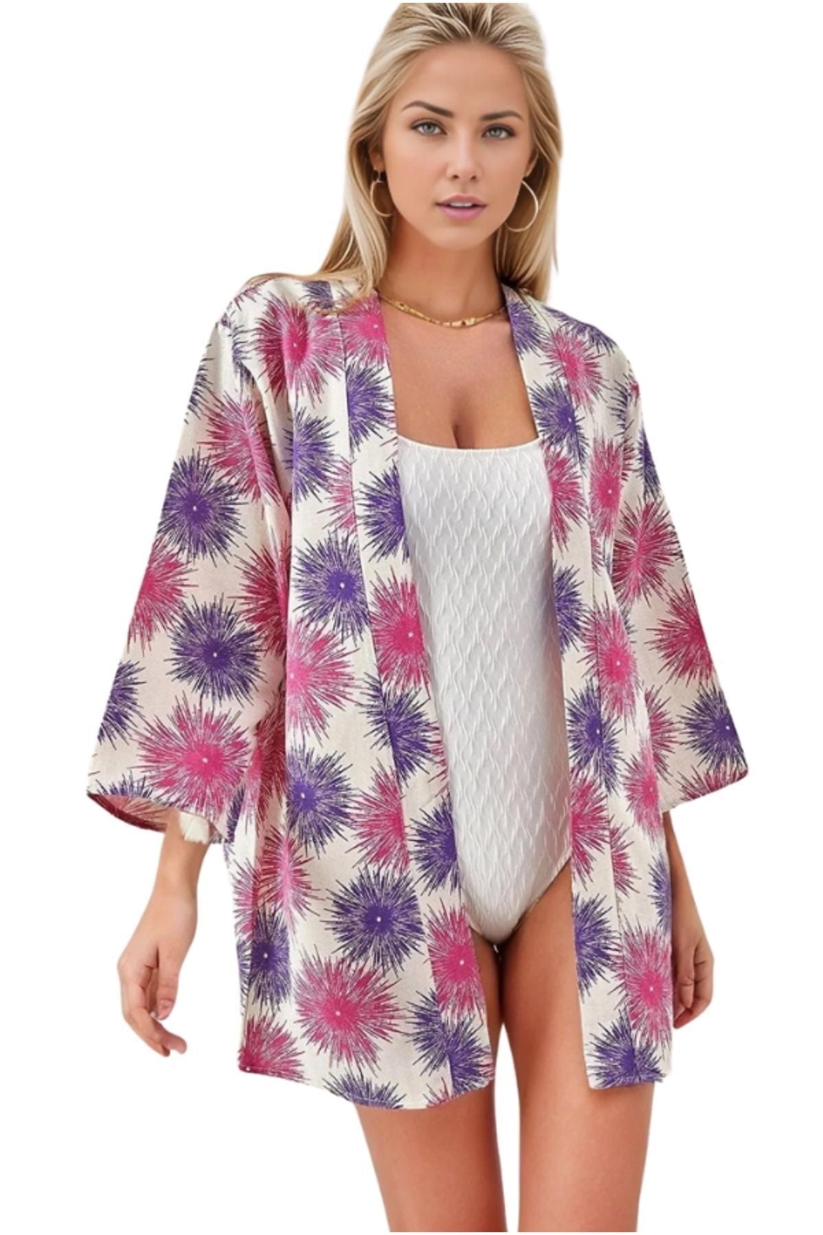 Catherine Women's Relaxed Fit Kimono - Fuchsia and Pink Print
