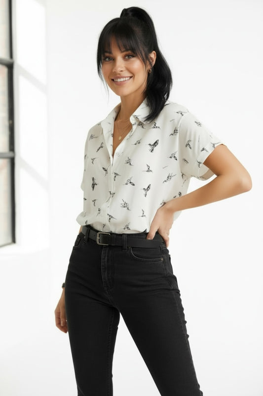 Charlotte Women's Cotton-Linen Blend Short Sleeve Batwing Shirt - White Bird Print