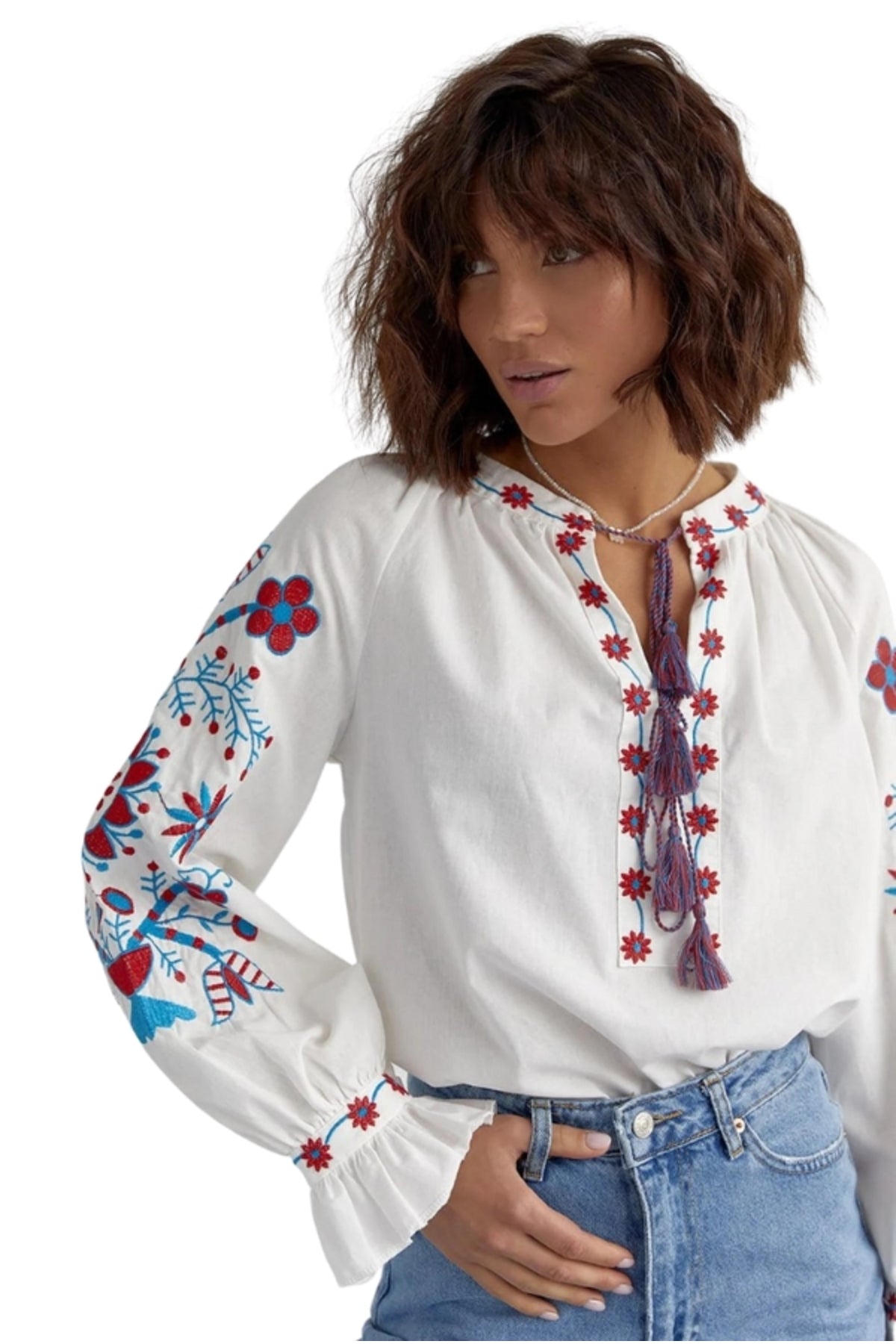 Crystal Women's Cotton Embroidered Long Sleeve Tie Blouse - Blue and Red Floral