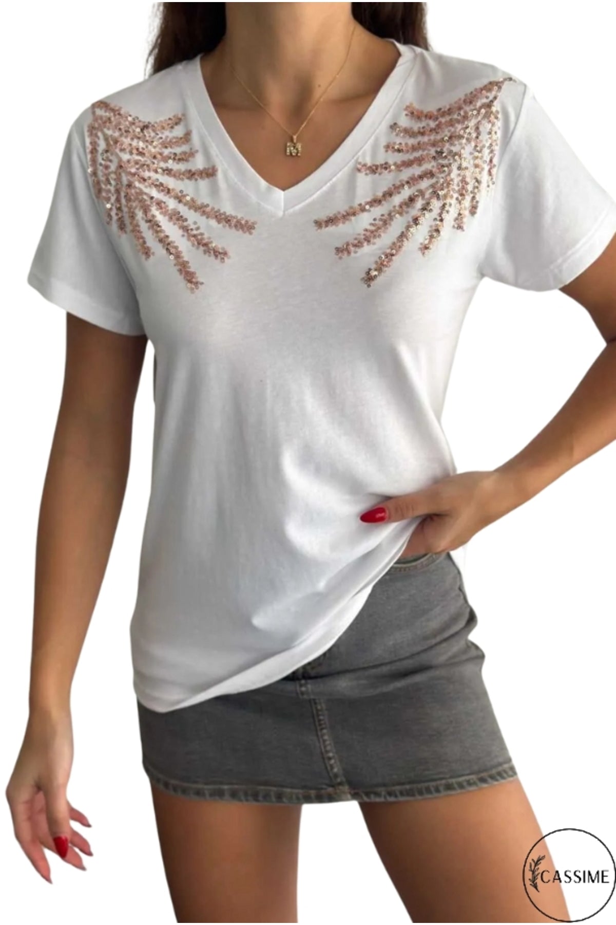 Olivia Women's Cotton Plus Size Embellished V-Neck T-Shirt - White with Palm Tree Embroidery