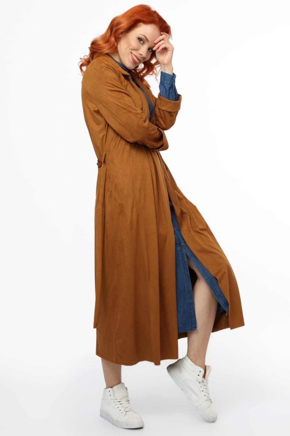 Aisha Women's Belted Denim Suede-Effect Trench Coat - Cognac Brown - product image 5