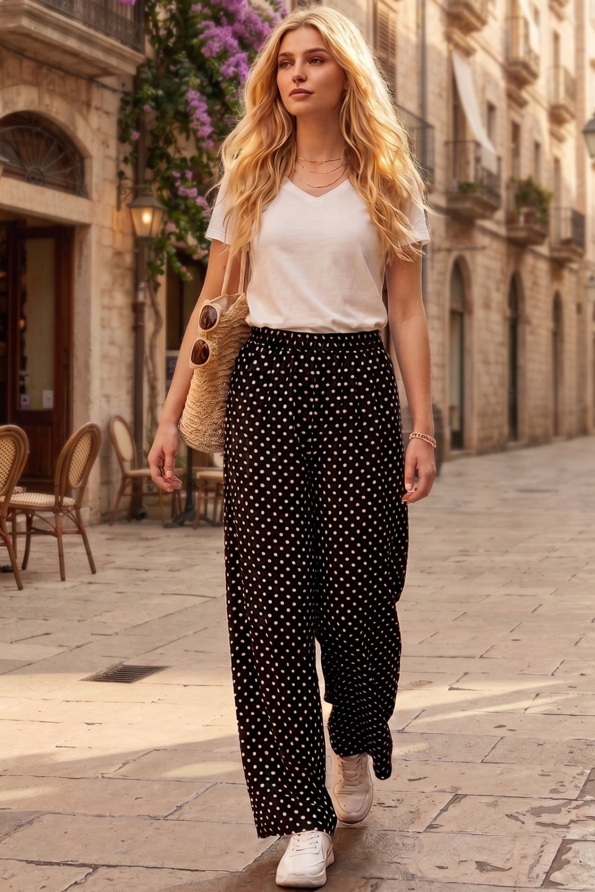 Bethany Women's Viscose High Waist Palazzo Pants - Black with White Polka Dots
