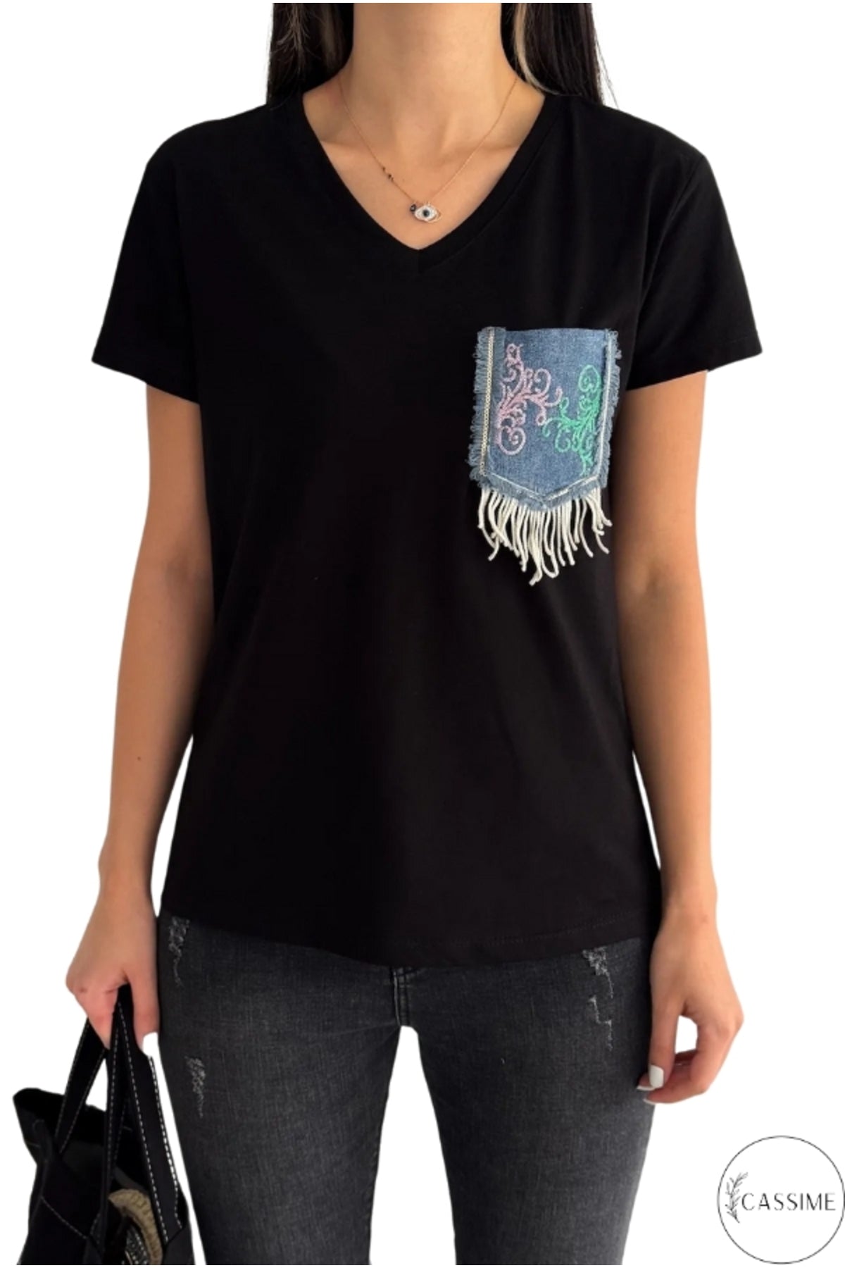 Olivia Women's Cotton Plus Size Embellished V-Neck T-Shirt - Black with Denim Pocket