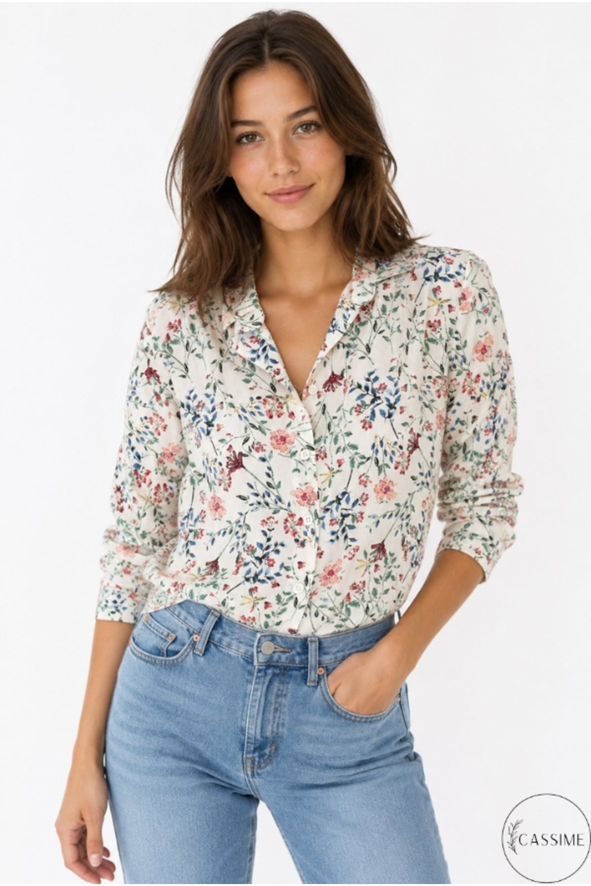 Amelia Women's Viscose Long Sleeve Button-Up Shirt - Mini Pink Floral