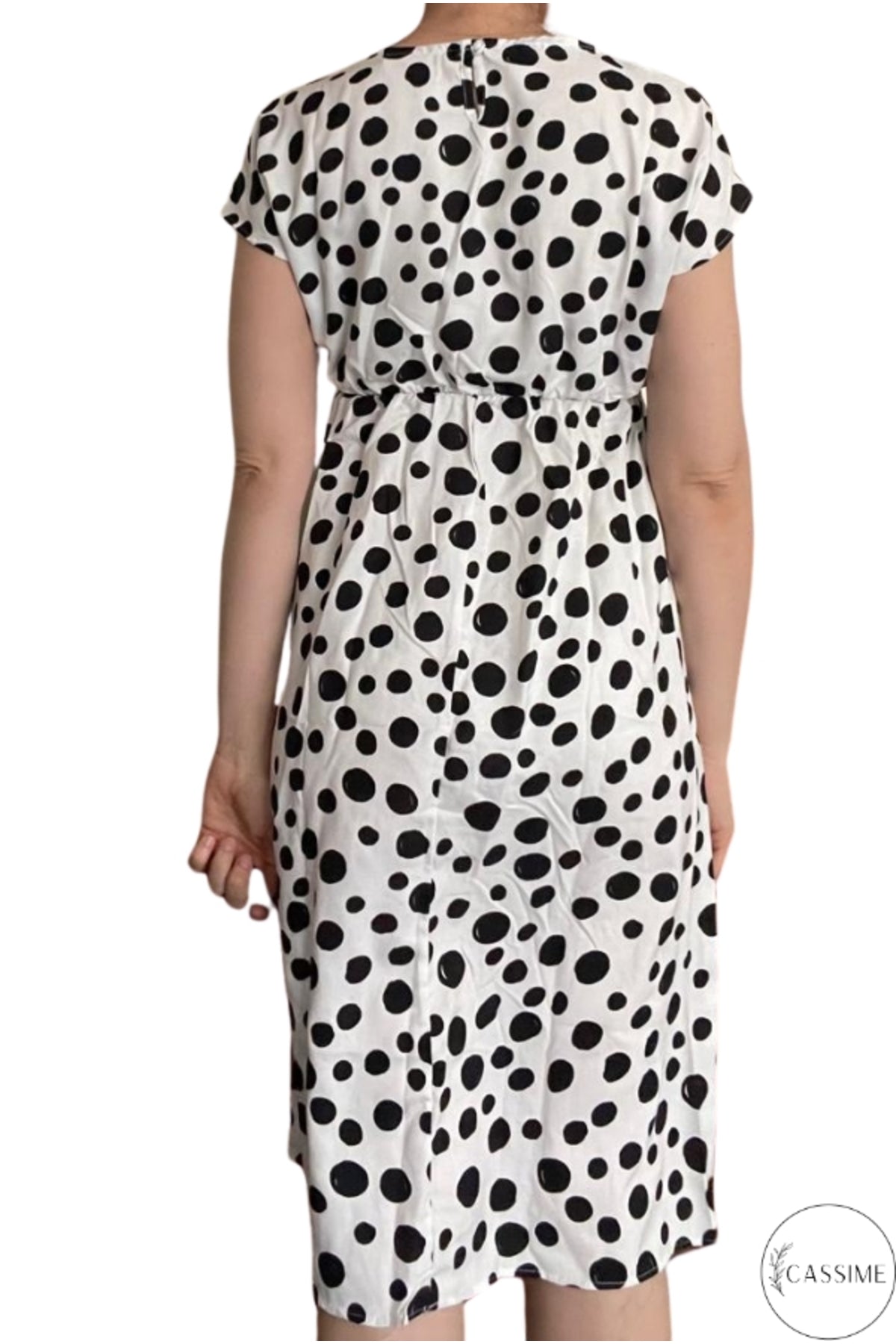 Audrey Women's Viscose Belted Midi Dress - Black Polka Dot
