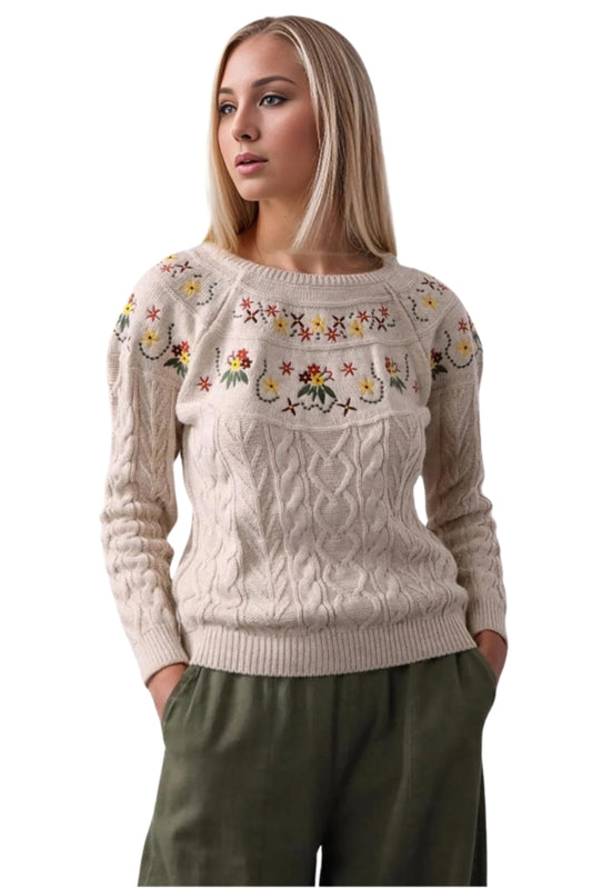 Cynthia Women's Floral Embroidered Crew Neck Sweater - Cream