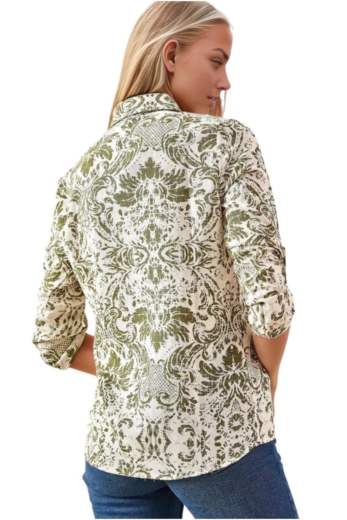 Amelia Women's Viscose Long Sleeve Button-Up Shirt - Khaki Floral