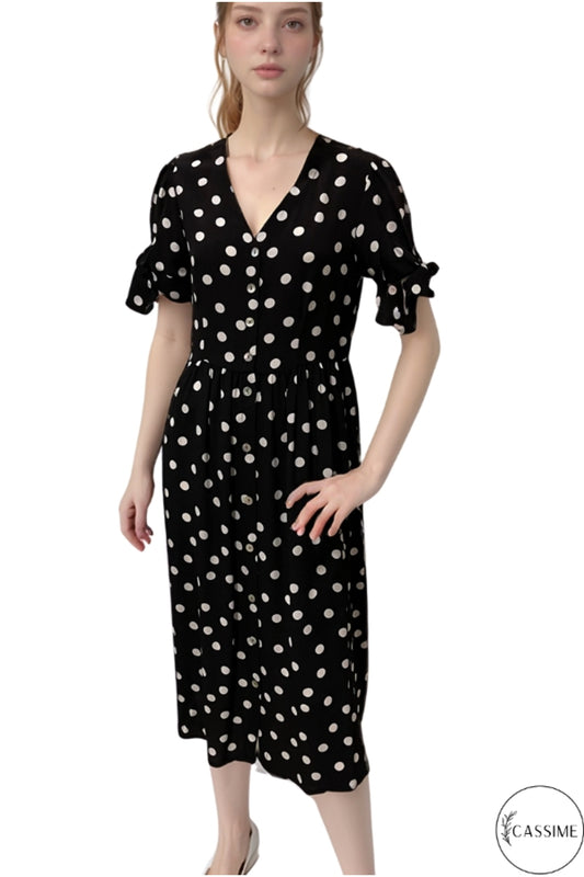 Zara Women's Viscose Polka Dot Short Sleeve Midi Shirt Dress - Black Polka Dot
