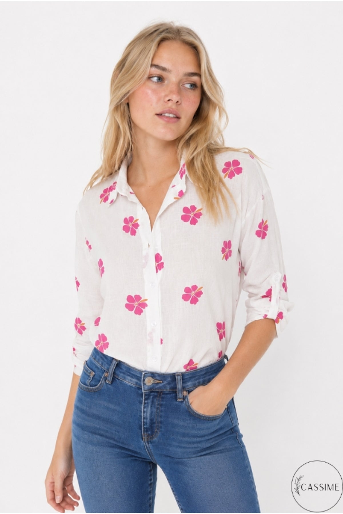 Robyn Women's Linen-Viscose Blend Roll-Sleeve Button-Up Shirt - Pink Clover