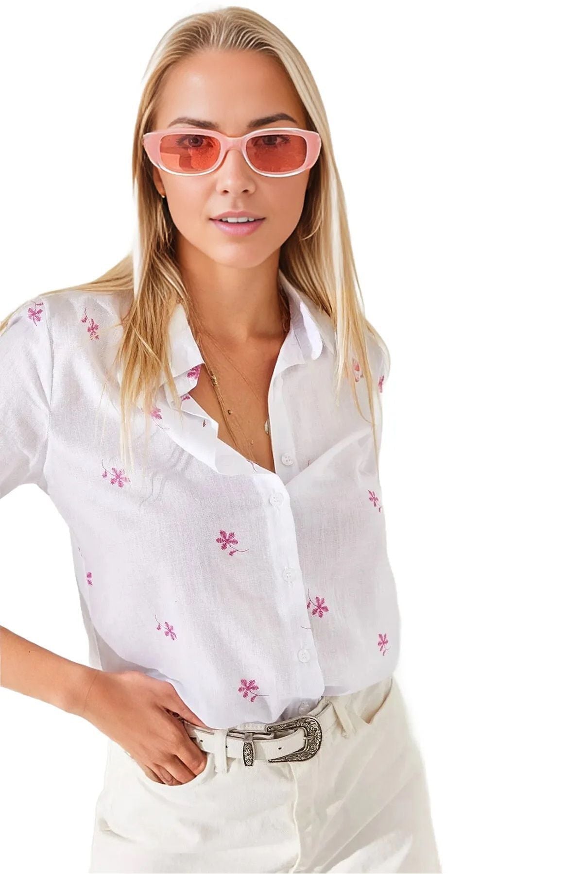Robyn Women's Cotton Blend Roll-Sleeve Button-Up Shirt - Pink Mini Floral