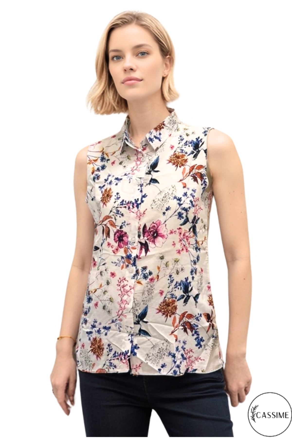 Daisy Women's Sleeveless Button-Up Shirt - Ecru and Purple Floral