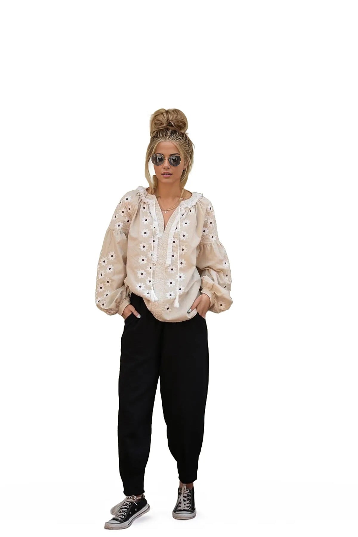 Penelope Women's Cotton Vintage Inspired Embroidered Blouse - Beige Star