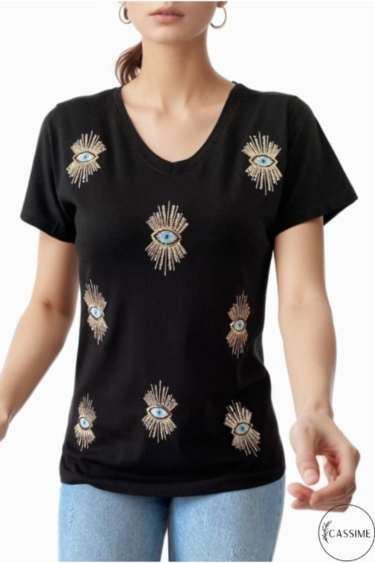 Olivia Women's Plus Size Embellished V-Neck T-Shirt - Black Evil Eye Sequin Embellishment