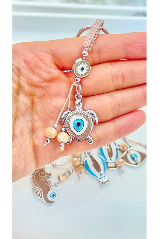 Abigail Silver-Plated Evil Eye Keychain - Beige Turtle
