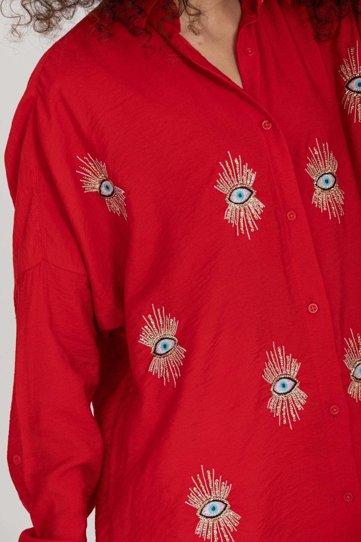 Delilah Women's Oversized Embellished Long Sleeve Shirt - Red