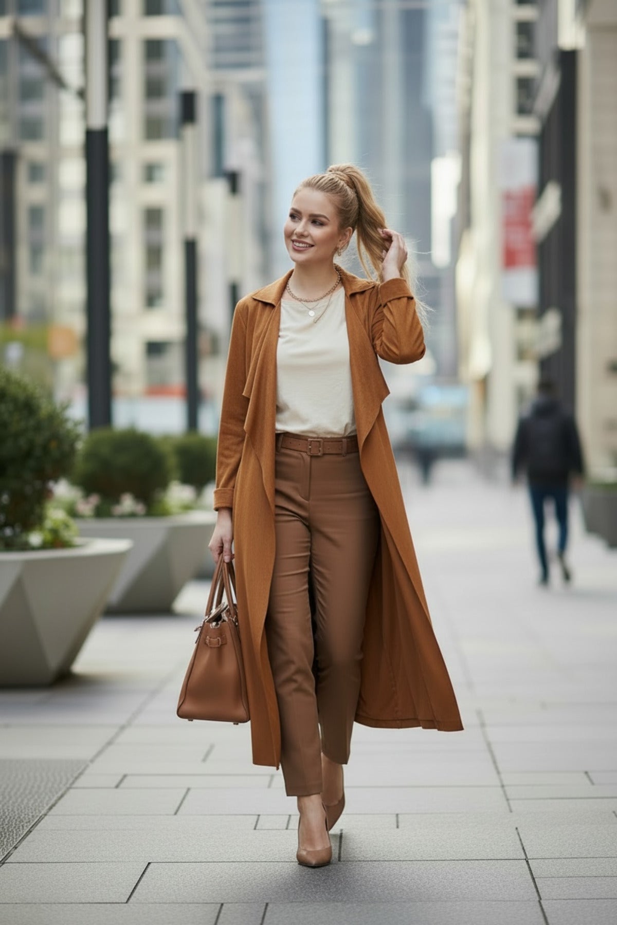 Aisha Women's Belted Denim Suede-Effect Trench Coat - Cognac Brown - product image 3