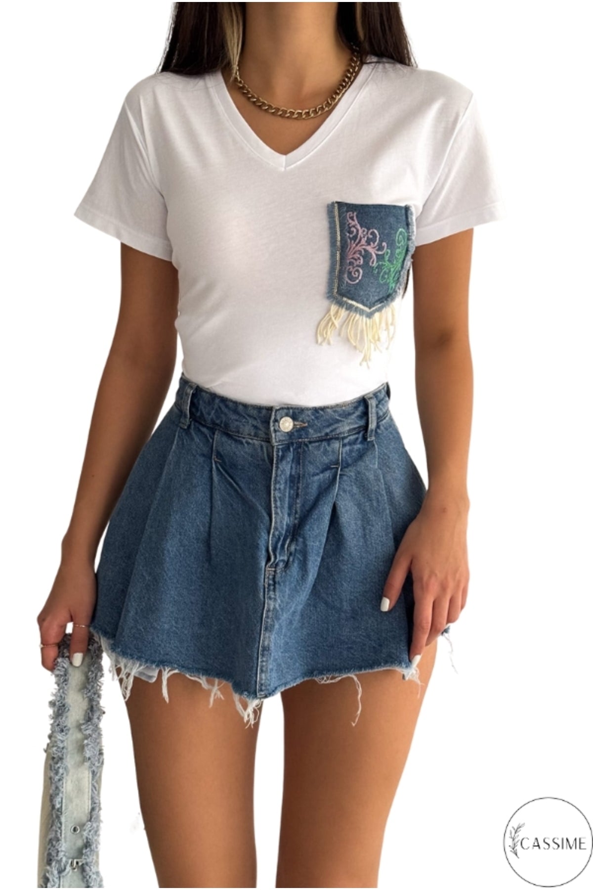 Olivia Women's Cotton Plus Size Embellished V-Neck T-Shirt - White with Denim Pocket