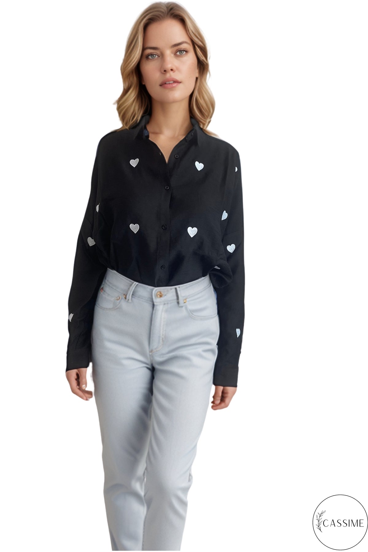 Delilah Women's Cotton Oversized Embellished Long Sleeve Shirt - Black with Heart Embroidery