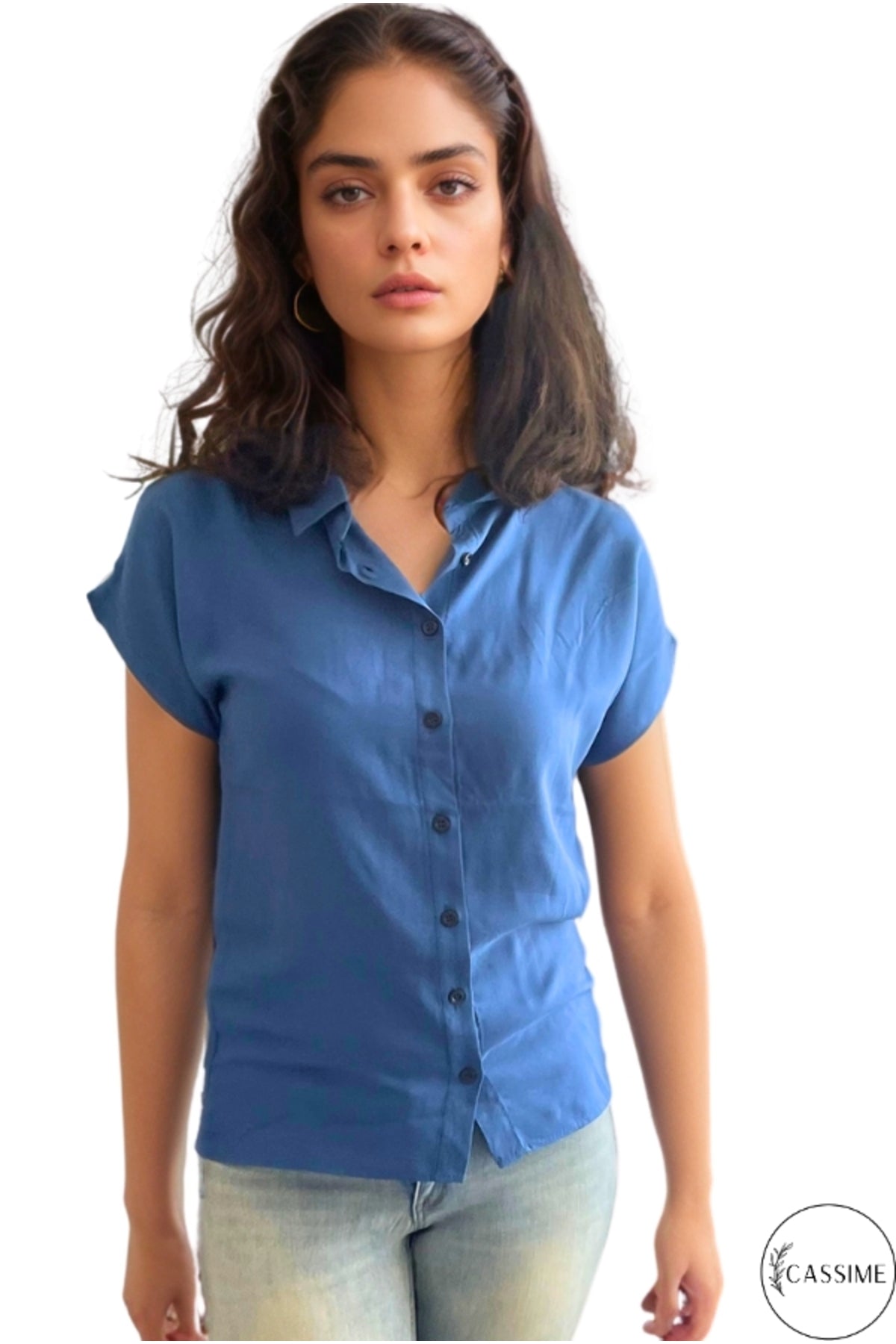Esme Women's Viscose Short Sleeve Batwing Shirt - Light Navy