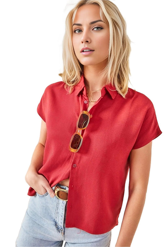 Freya Women's Linen-Viscose Blend Short Sleeve Batwing Shirt - Red