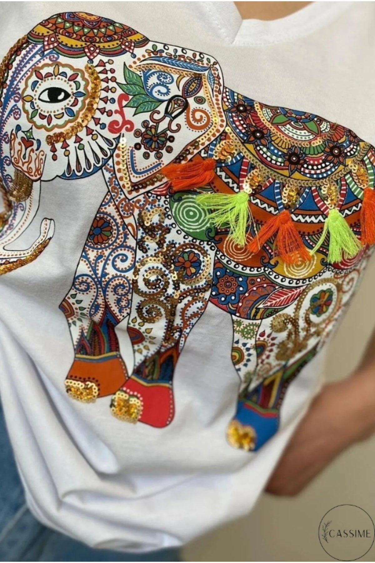 Sophie Women's Cotton Embellished V-Neck T-Shirt - White with Multicolor Tassel Elephant